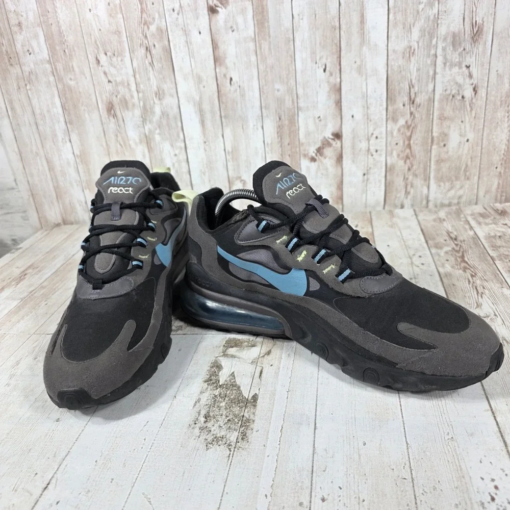Nike Air Max 270 React Mens 9.5 Grey Black Blue Sneakers CI3866-001